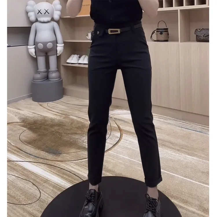 萱贝纯时尚百搭直筒开叉小黑裤女2025夏季薄款八分弹力休闲西装裤