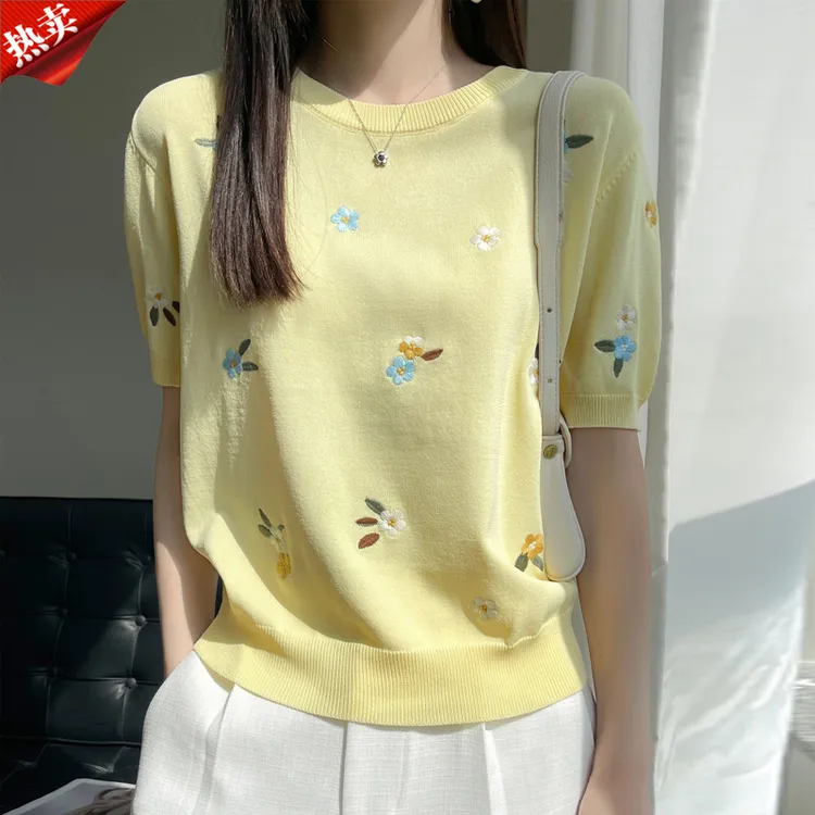 时尚品牌2025夏季新款通勤百搭针织衫薄款提花宽松显瘦减龄女上衣