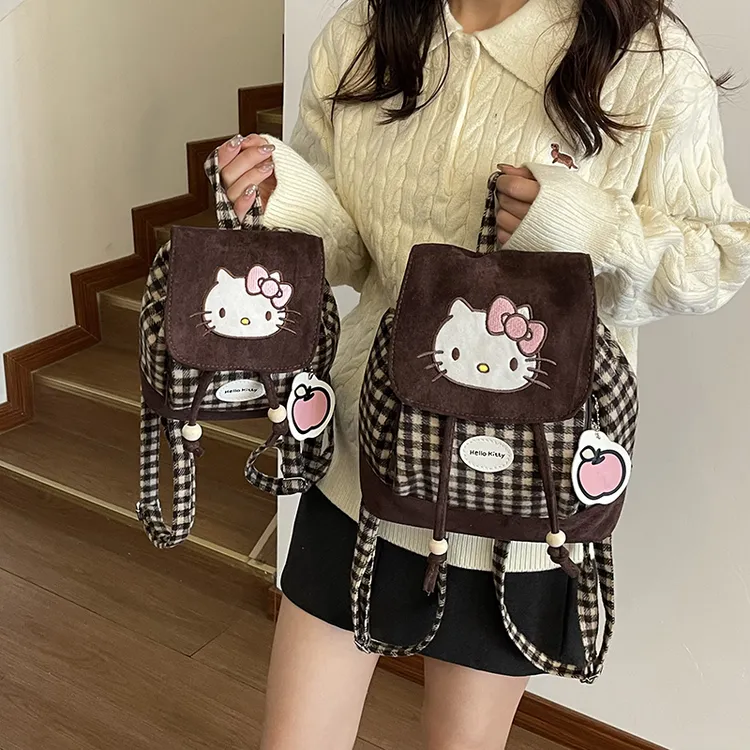 日系小书包迷你可爱kitty猫双肩包新款复古格子大容量通勤小背包