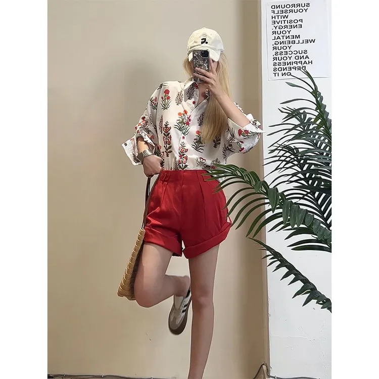 韩系松弛感夏季新款2025薄款花卉长袖衬衫上衣高腰直筒短裤套装女