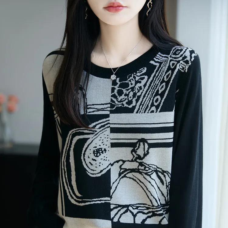时髦个性圆领套头显瘦针织毛衣女宽松洋气减龄气质提花打底衫