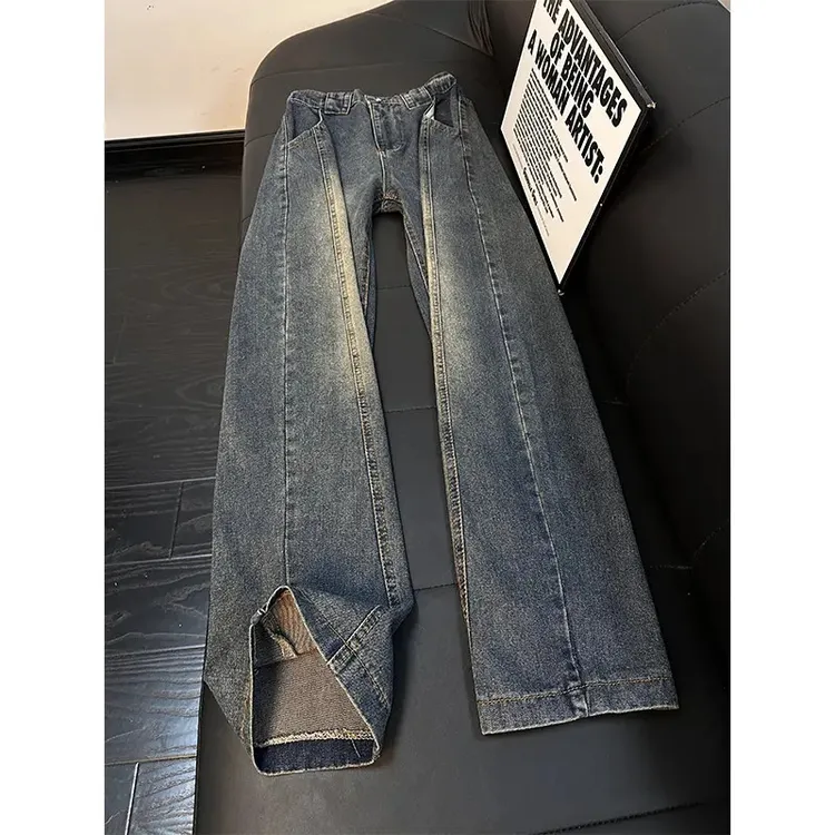 复古蓝弯刀牛仔裤男秋冬季加绒加厚裤子高腰系皮带显瘦水洗微喇裤