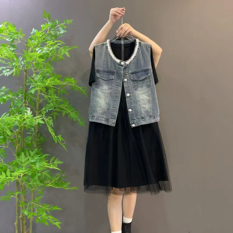 2150欧货重工钉珠牛仔马甲+网纱短袖连衣裙两件套大码女装显瘦