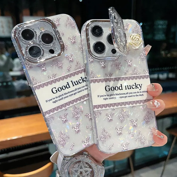 适用苹果系列iPhone16新款手机壳时尚碎花标签银灰色闪粉镜头支架