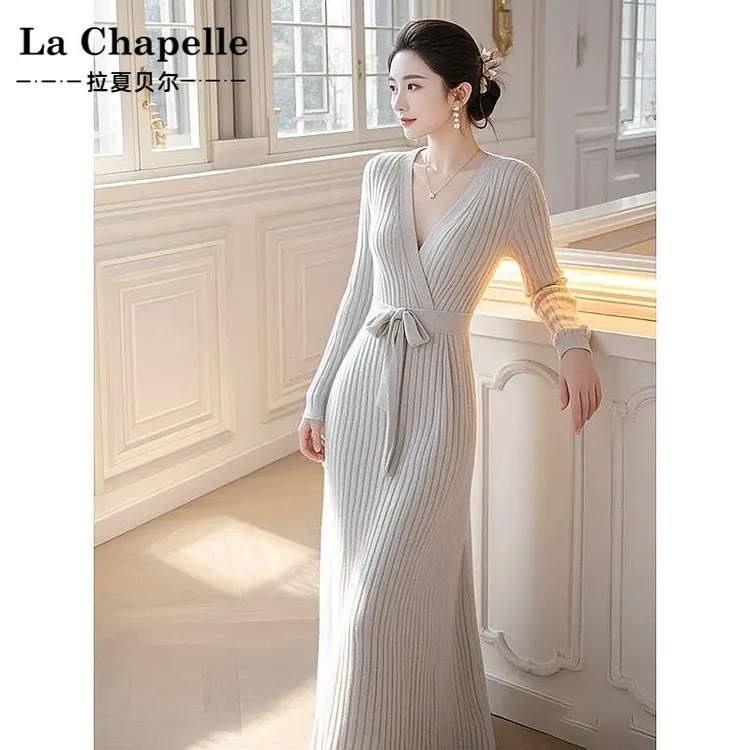 拉夏贝尔韩国高端包芯纱毛衣针织连衣裙女秋冬法式显身材气质名媛