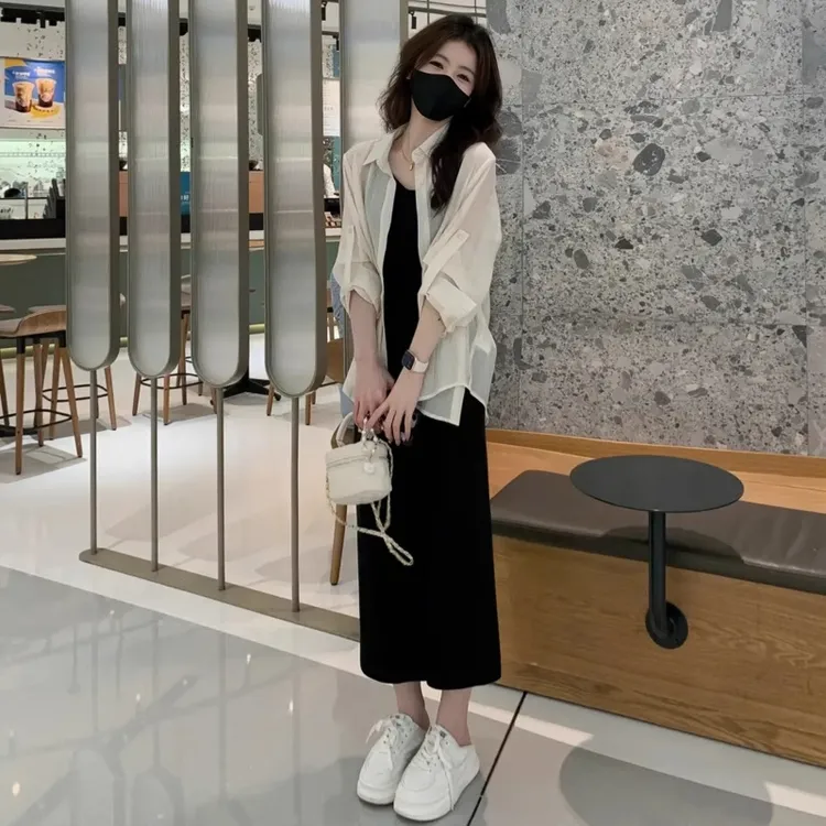 新中式国风时尚套装裙女夏季新款盘扣防晒衬衫甜美吊带长裙两件套