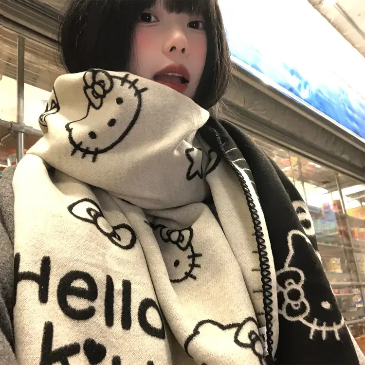 HelloKitty双面围巾女秋冬季可爱加厚保暖韩系氛围感围脖披肩百搭