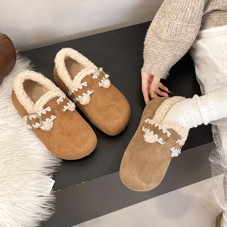 【品牌】5cm刺绣花边加棉勃肯鞋女2025冬季保暖棉鞋款一脚蹬638-7