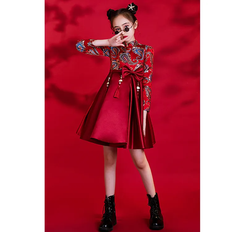 女童国潮旗袍夏款长袖中国风儿童礼服公主裙唐装演出服过年拜年服