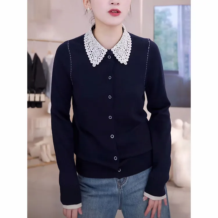 女士毛衣开衫外套秋冬慵懒高级感减龄蕾丝撞色假两件打底针织上衣