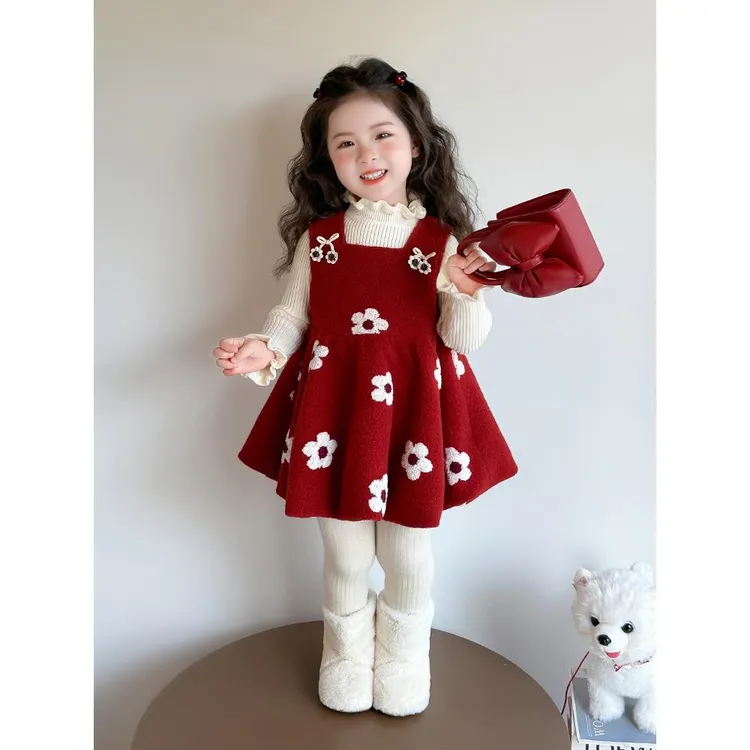 女童加厚连衣裙秋冬2025新款儿童公主裙洋气宝宝毛呢背心裙子套装