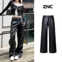 哲娜纯高腰显瘦黑色休闲PU皮裤子女2025秋冬百搭宽松直筒拖地长裤