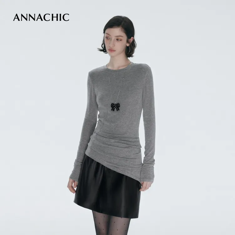 ANNACHIC新色！解构主义_修身圆领T恤女/舒适亲肤内搭打底衫上衣