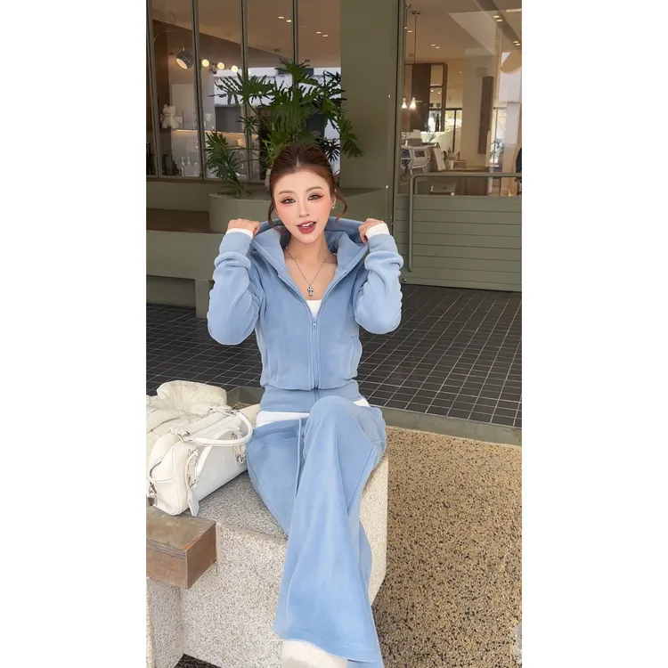 加绒加厚2025新品休闲风运动风时尚套装运动阔腿上衣蓝色连帽开衫