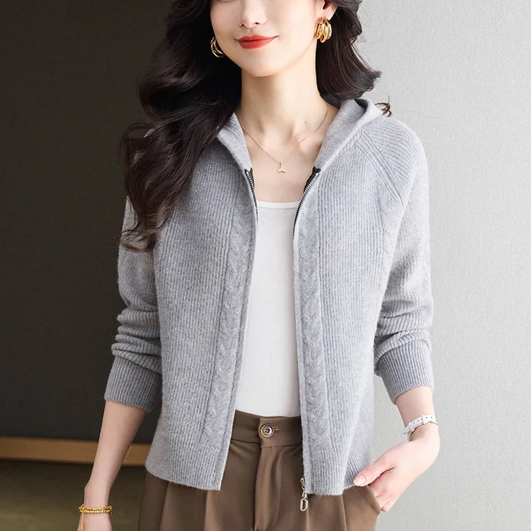 小个子连帽拉链外套短款时尚纯色毛衣开衫百搭春季休闲针织衫新款