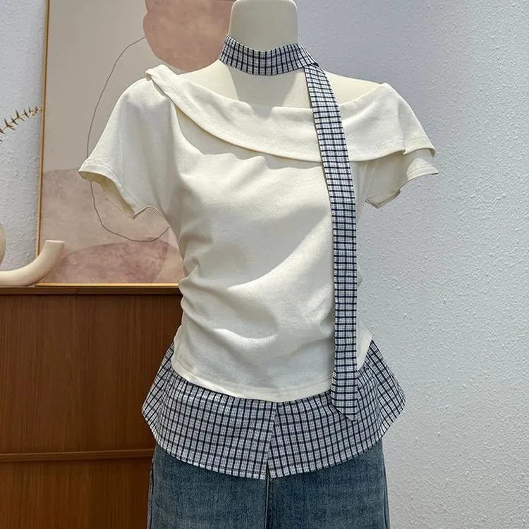 拼接开叉不规则短袖针织衫夏季新款复古时尚撞色修身显瘦气质上衣