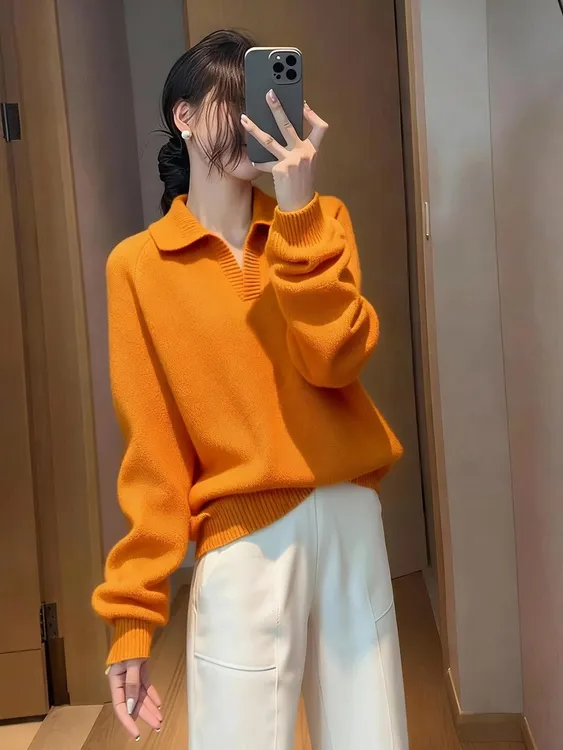 2025冬季新款韩系宽松日常通勤风慵懒松弛感POLO领橘黄针织毛衣女