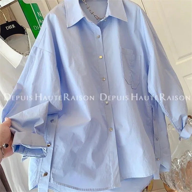 加大码300斤情侣韩版休闲蓝白色衬衫男女早春宽松显瘦百搭上衣潮2