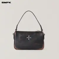 SMFK十字徽章手工擦色皮质单肩包 B0005BP 女士百搭黑色腋下包