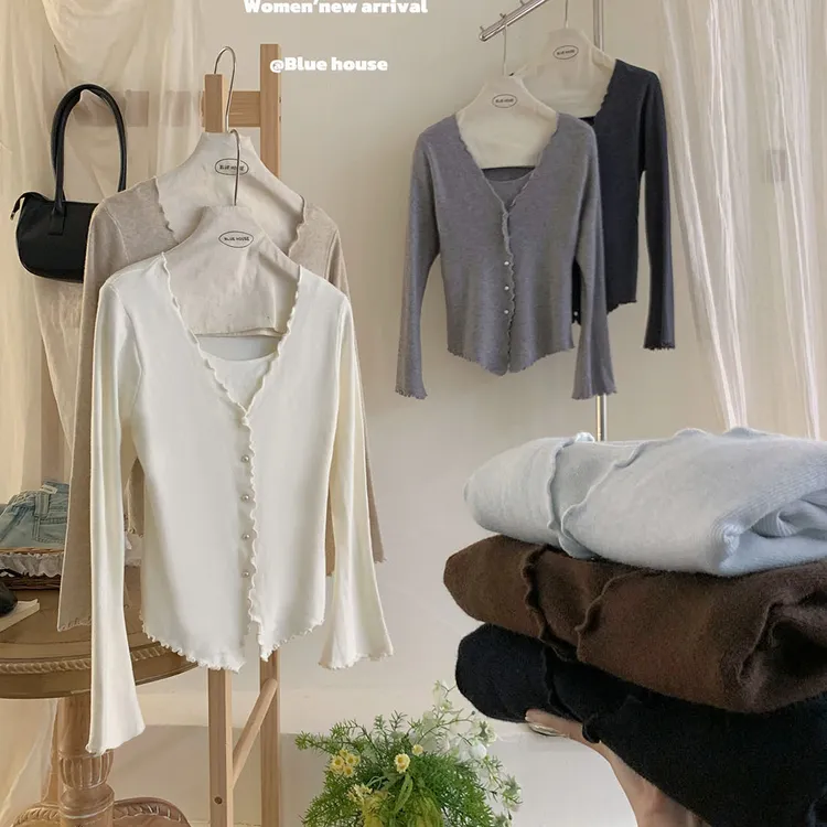 法式精致木耳花边吊带假两件针织开衫女秋季气质修身长袖外穿上衣