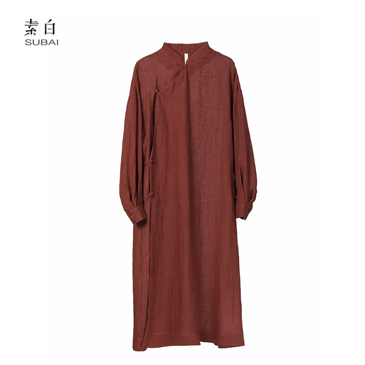 素白【禧袍】亚麻袍子P01829新中式国风设计款气质红长袖袍子