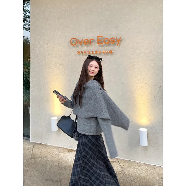 切糕自制【月光时刻】小个子冬慵懒感洋气披肩假两件气质时尚毛衣女