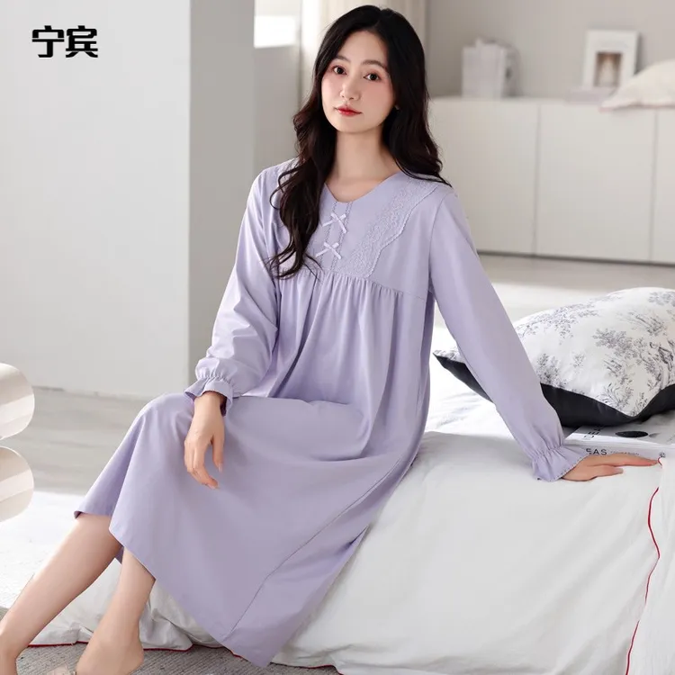 维多利亚2025春秋季新款睡裙女棉质长袖大码长款宽松孕妇可外穿家