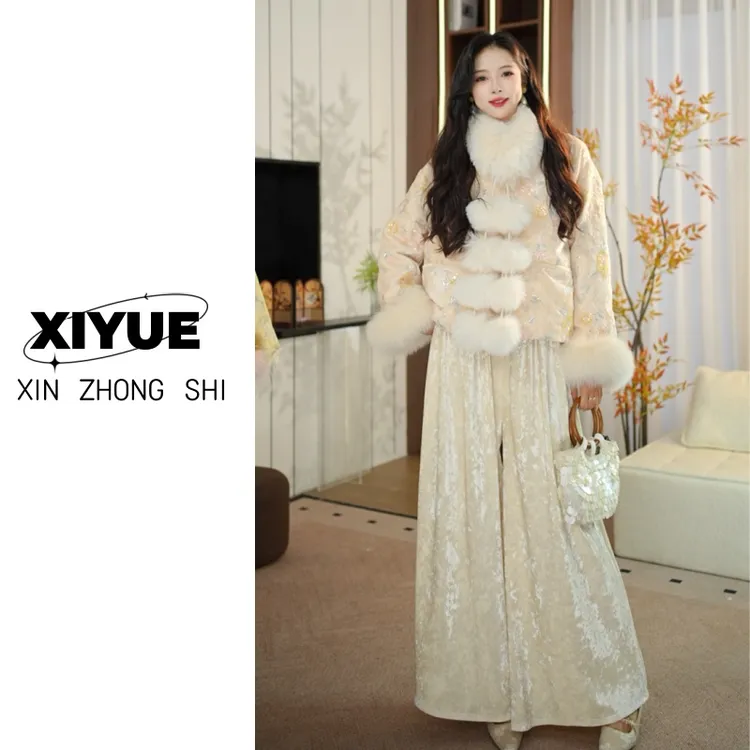 【云间月】新中式秋冬甩裤丝绒加绒女国风百搭松紧腰轻奢百搭长裤