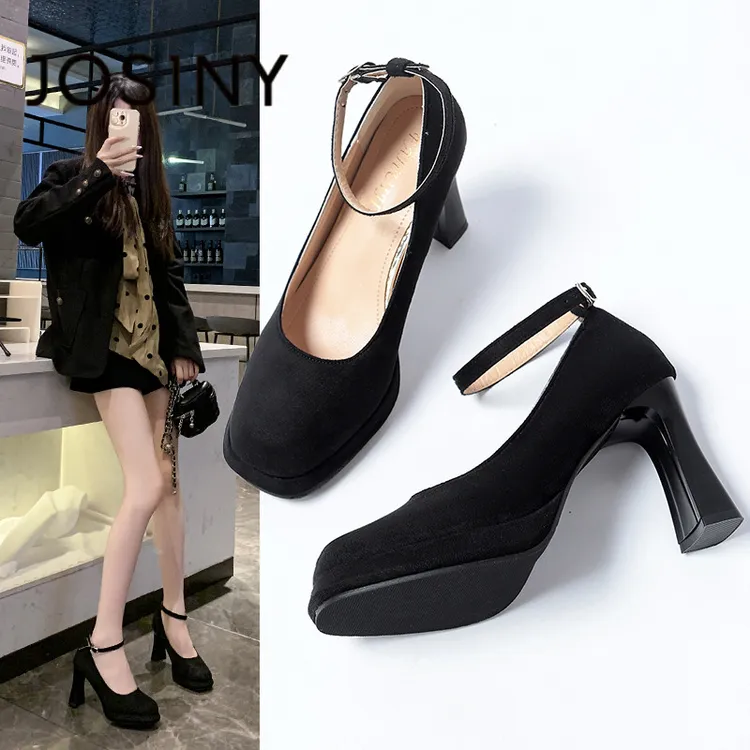 卓诗尼【断码清仓】法式黑色绒面玛丽珍高跟鞋2025新款小个子防水台