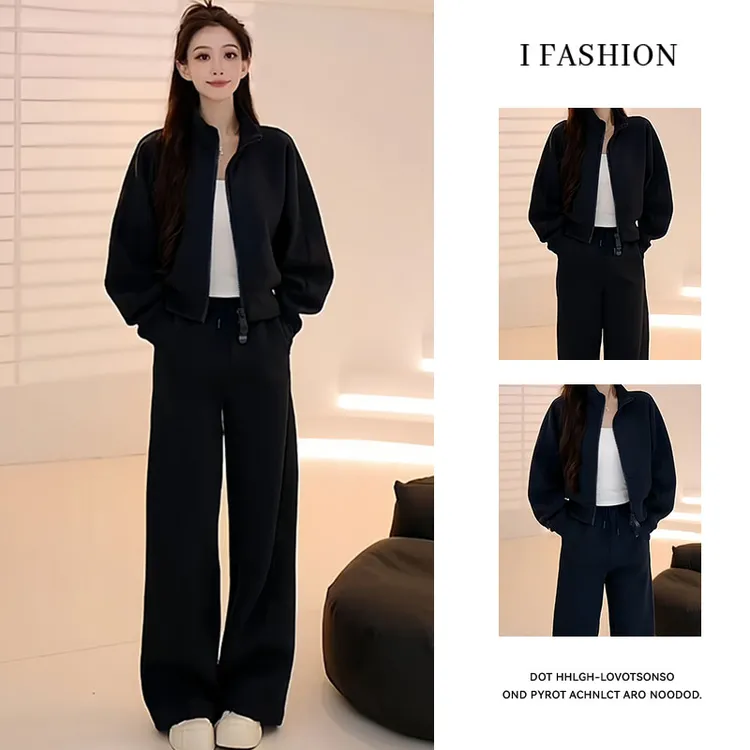 高含棉极简风休闲简约套装女2025秋冬新款宽松开衫外套长裤两件套