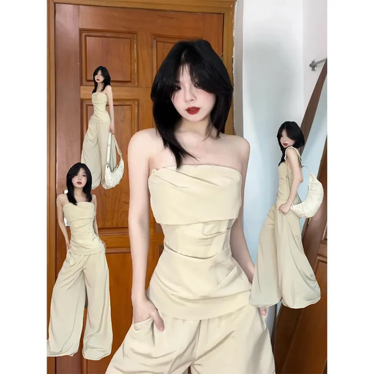 高级感辣妹纯欲一字肩抹胸背心上衣女通勤气质百搭休闲拖地裤套装