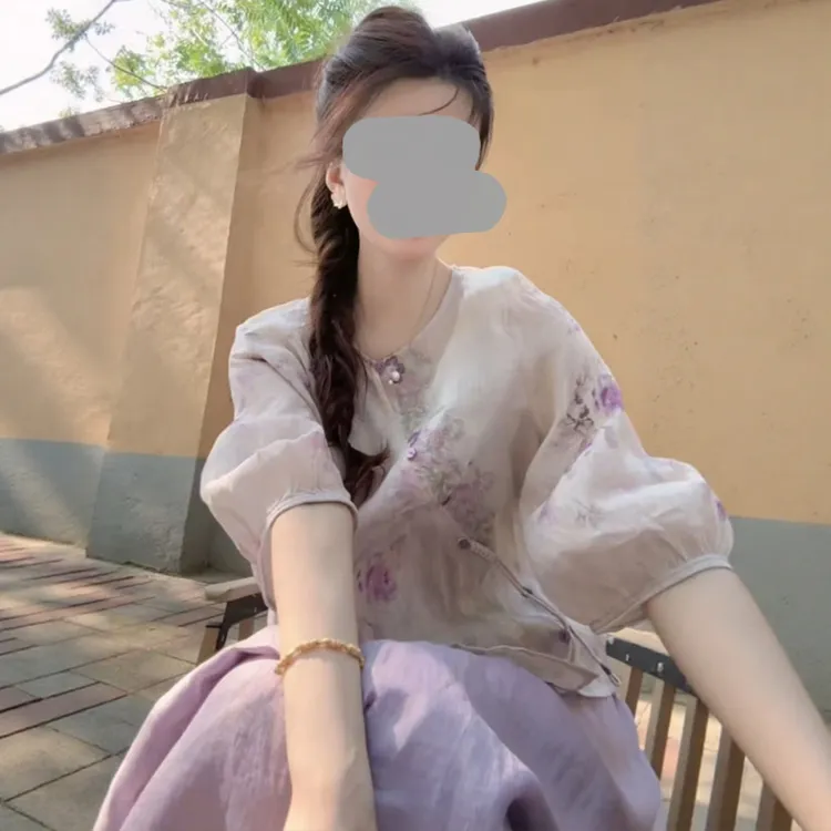 2025夏季新款女装复古文艺日常通勤国风女装印花上衣半身裙两件套