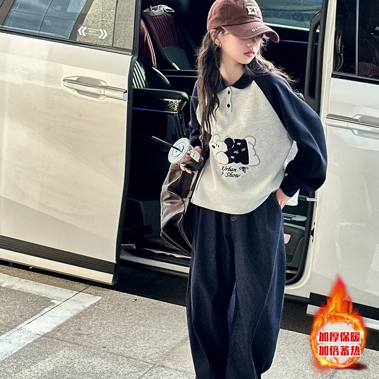 女童加绒卫衣秋冬2025新款儿童洋气休闲12岁15初中生韩版牛仔裤潮