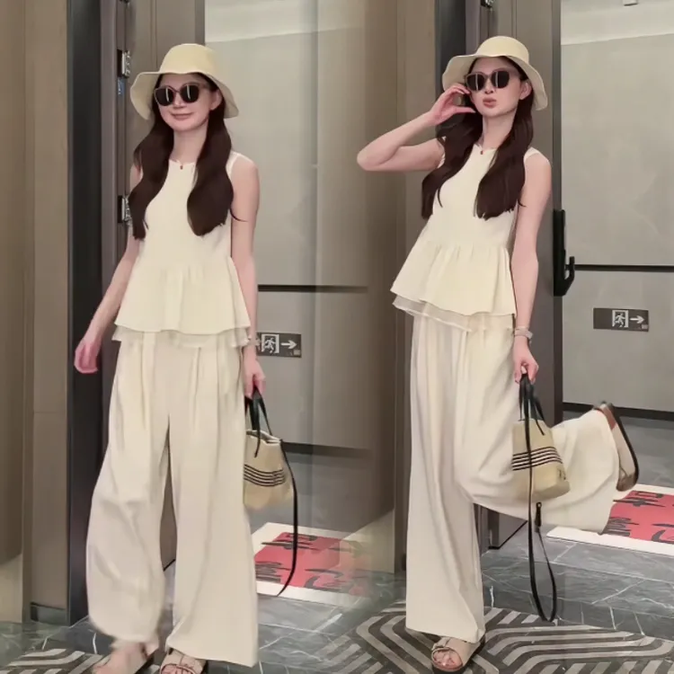 2025夏季气质感薄款无袖上衣显瘦+高腰宽松直筒裤时尚套装两件套