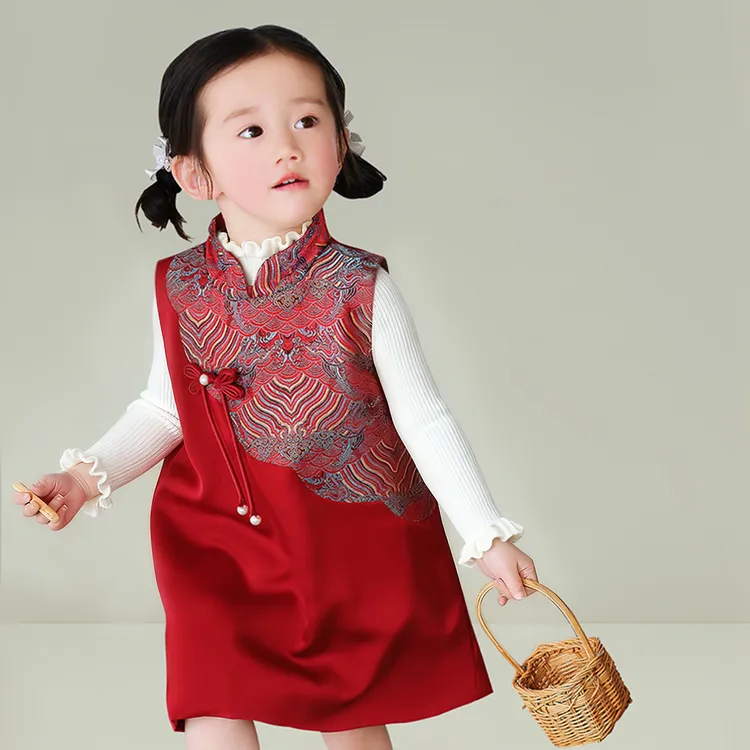 周岁女宝礼服2025春秋生日裙红色新中式国风旗袍裙女童背心连衣裙