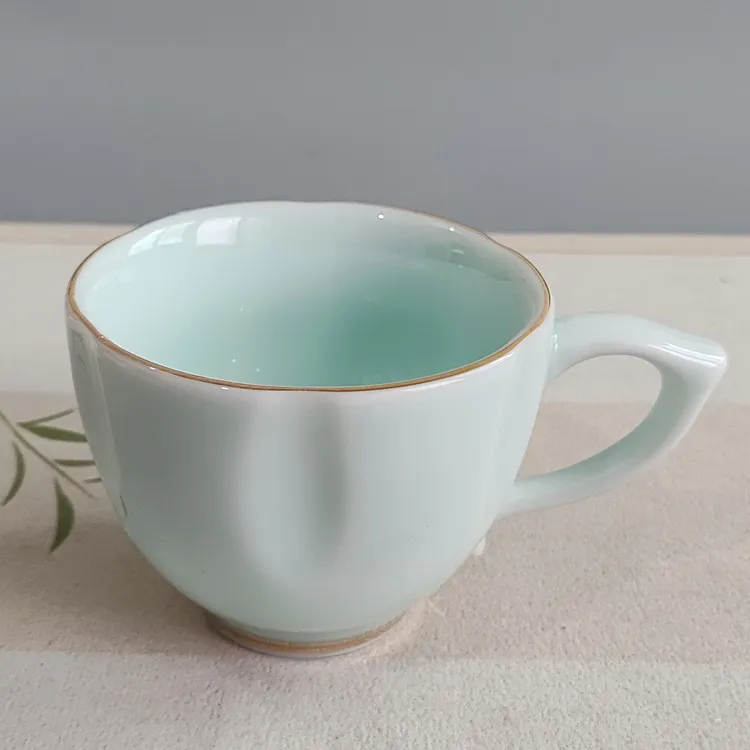 青瓷茶杯陶瓷咖啡杯大号单杯茶碗早餐杯防烫带把高档描金杯子
