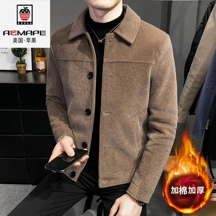 美国苹果男士短款加厚毛呢休闲潮流修身帅气韩版毛呢外套上衣加棉
