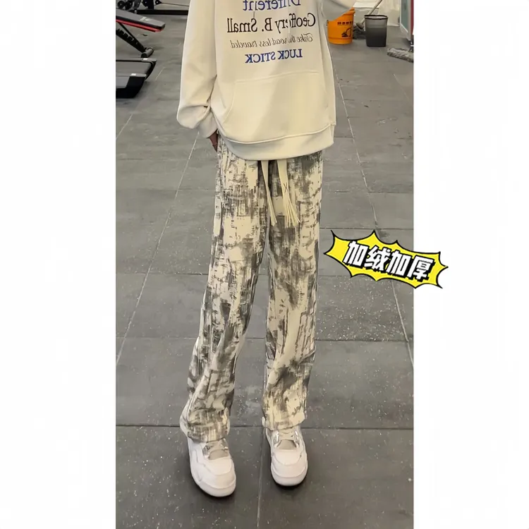 美式百搭休闲裤子男秋冬加绒高街阔腿裤宽松显瘦直筒直筒牛仔裤