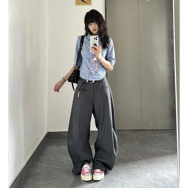 弯刀西裤男夏季美式复古简约宽松休闲裤cleanfit高级感廓形西装裤