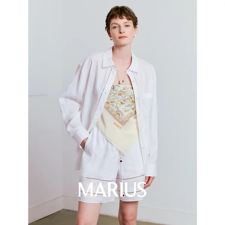 MARIUS“旧童谣”苎麻波西米亚海岛度假风镂空衬衫短裤
