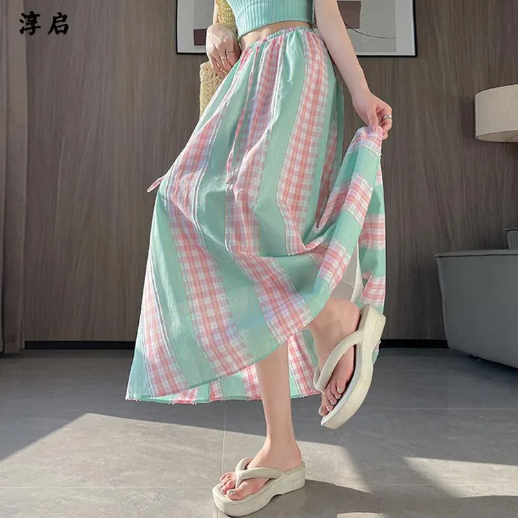 淳启多巴胺撞色格子半身裙女夏季薄款设计感拼接裙高腰遮胯大摆裙
