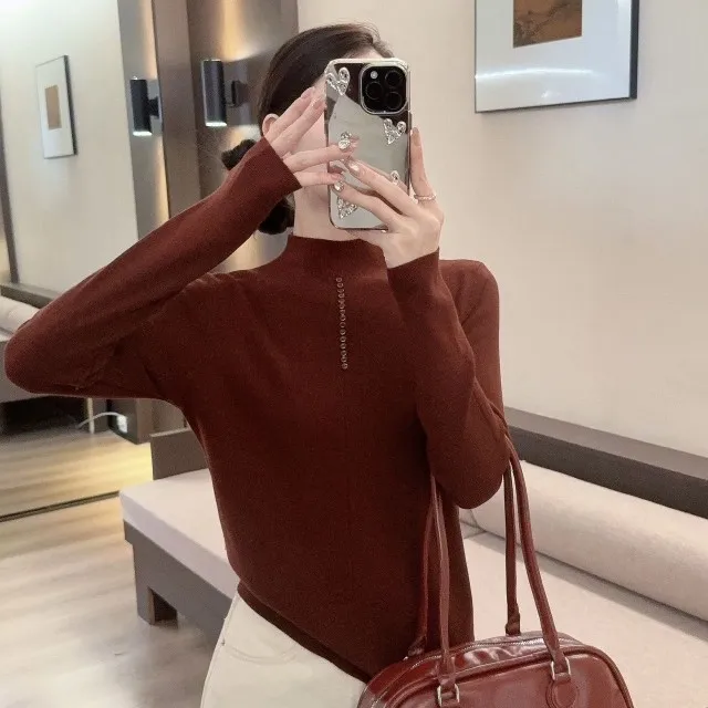 厚款法式秋季针织落肩袖毛针织衫打底衫百搭高领毛