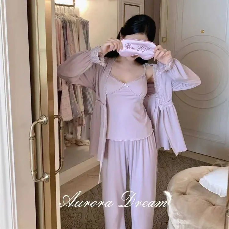 莫代尔棉【紫韵涟漪】法式性感睡衣女春秋季韵味带胸垫三件套家居服