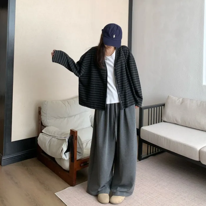 慵懒风撞色条纹长袖外套女秋季宽松休闲开衫百搭上衣阔腿裤两件套