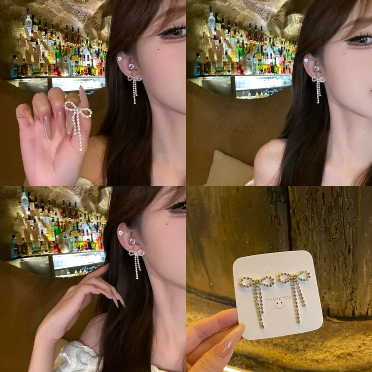 铜合金耳饰  高级感蝴蝶结流苏耳环闪亮满皓小耳钉高雅潮流耳饰品