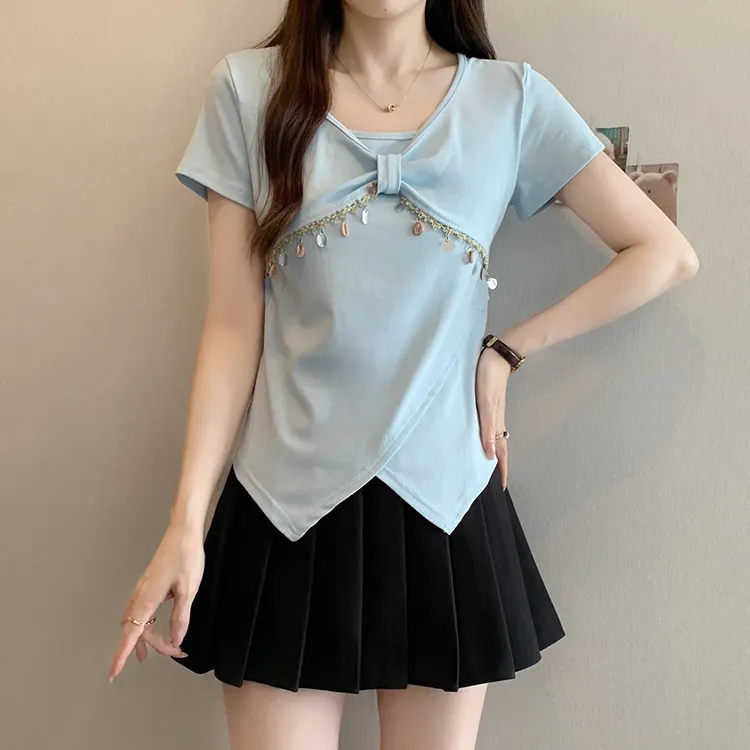 微胖独特漂亮贝壳流苏短袖T恤女夏季大码不规则收腰遮肚小衫上衣