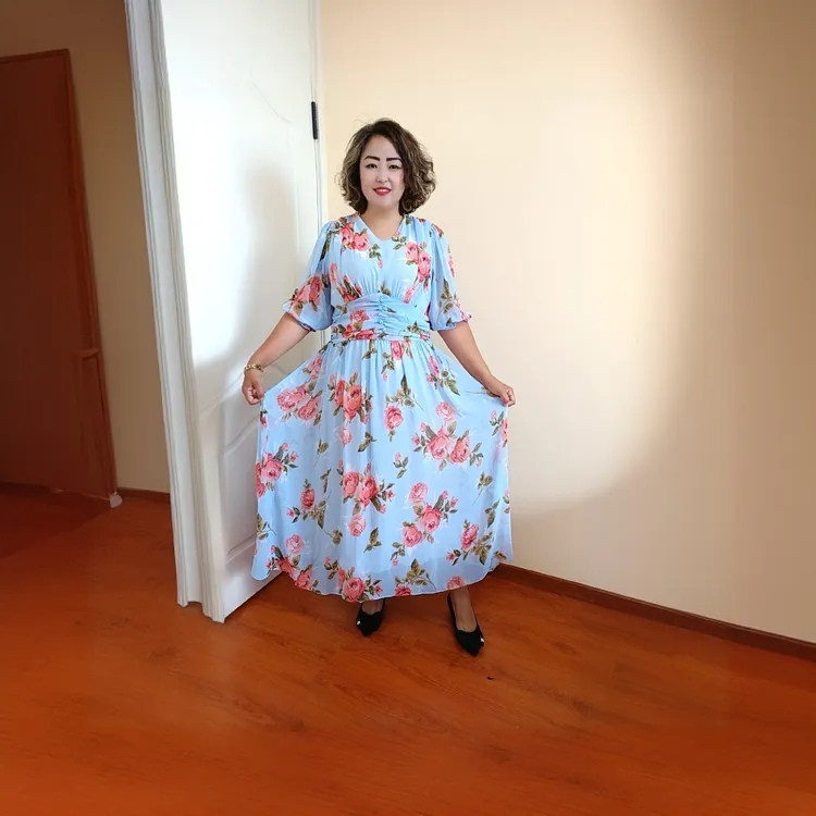 甜美气质碎花收腰短袖长款夏季过膝淑女连衣裙