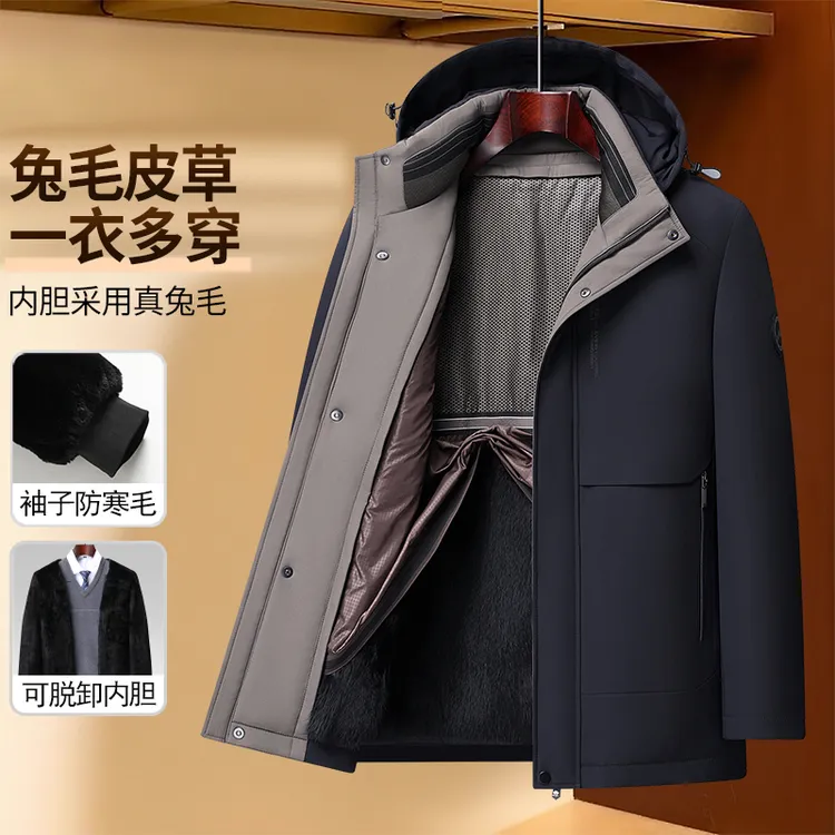 【兔毛皮草袖子加绒】可拆卸男士冬装派克棉服加厚中老年爸爸装棉衣
