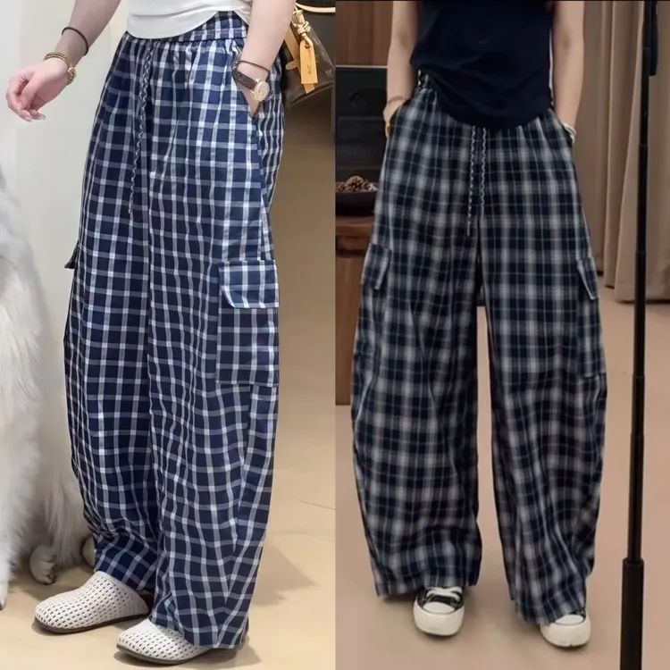 爆款时尚格子休闲长裤女装早秋新款流行超好看高腰显瘦阔腿工装裤