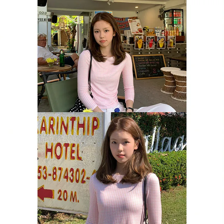 Tuuuh【粉白格小衫】长袖针织衫女春韩系百搭内搭上衣Z40685TU61